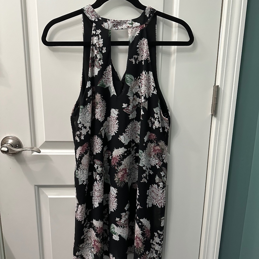 Black with white/purple Flower print mid length dress size small